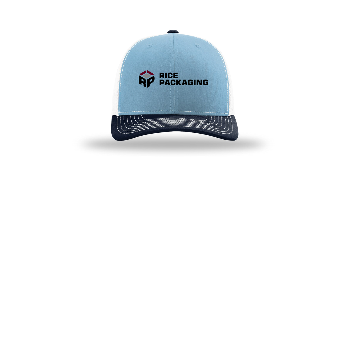 ricepackaging-richardson-trucker-cap-embroidery-capfront-R112-columbiabluewhitenavy-flat-front