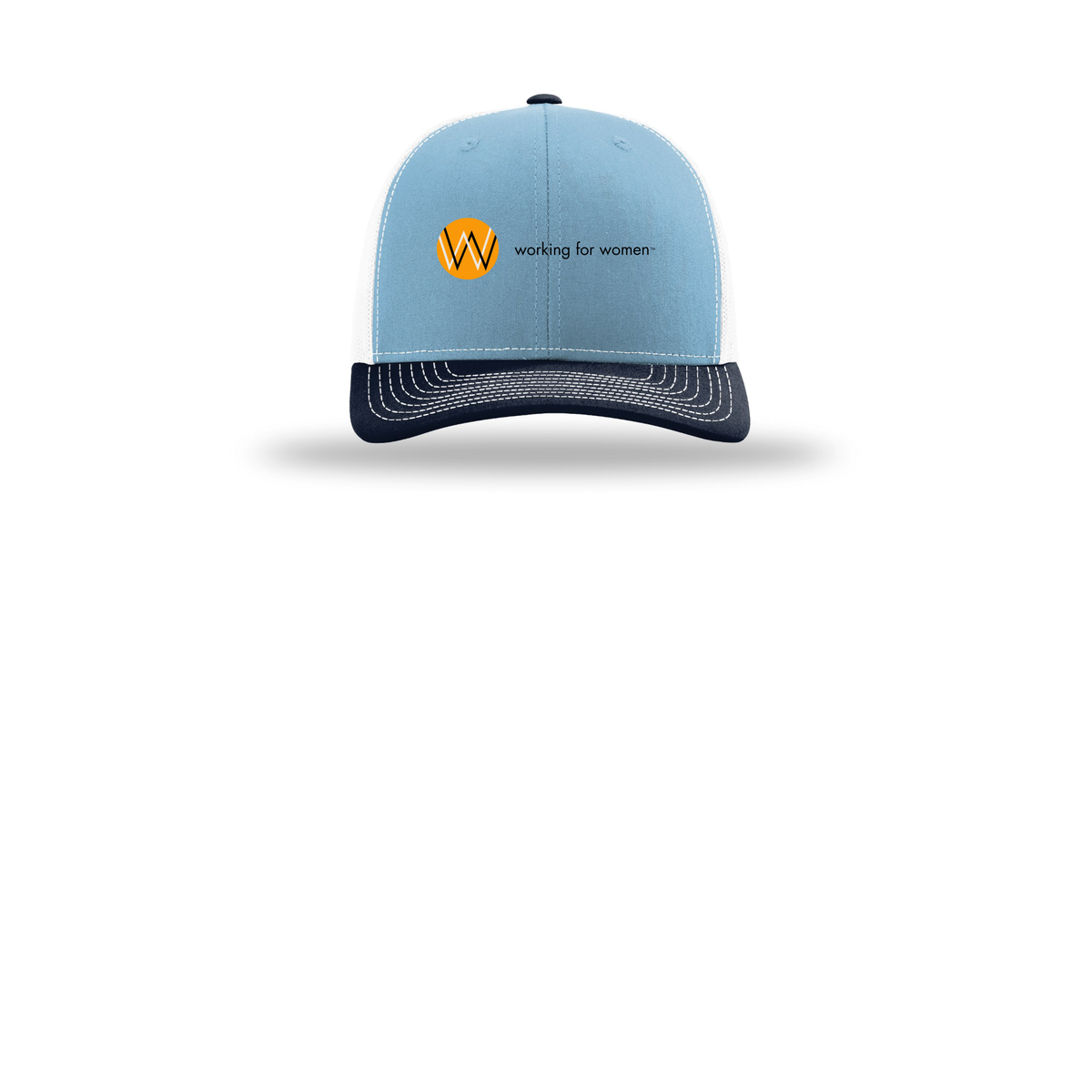 workingforwomen-richardson-trucker-cap-embroidery-capfront-R112-columbiabluewhitenavy-flat-front