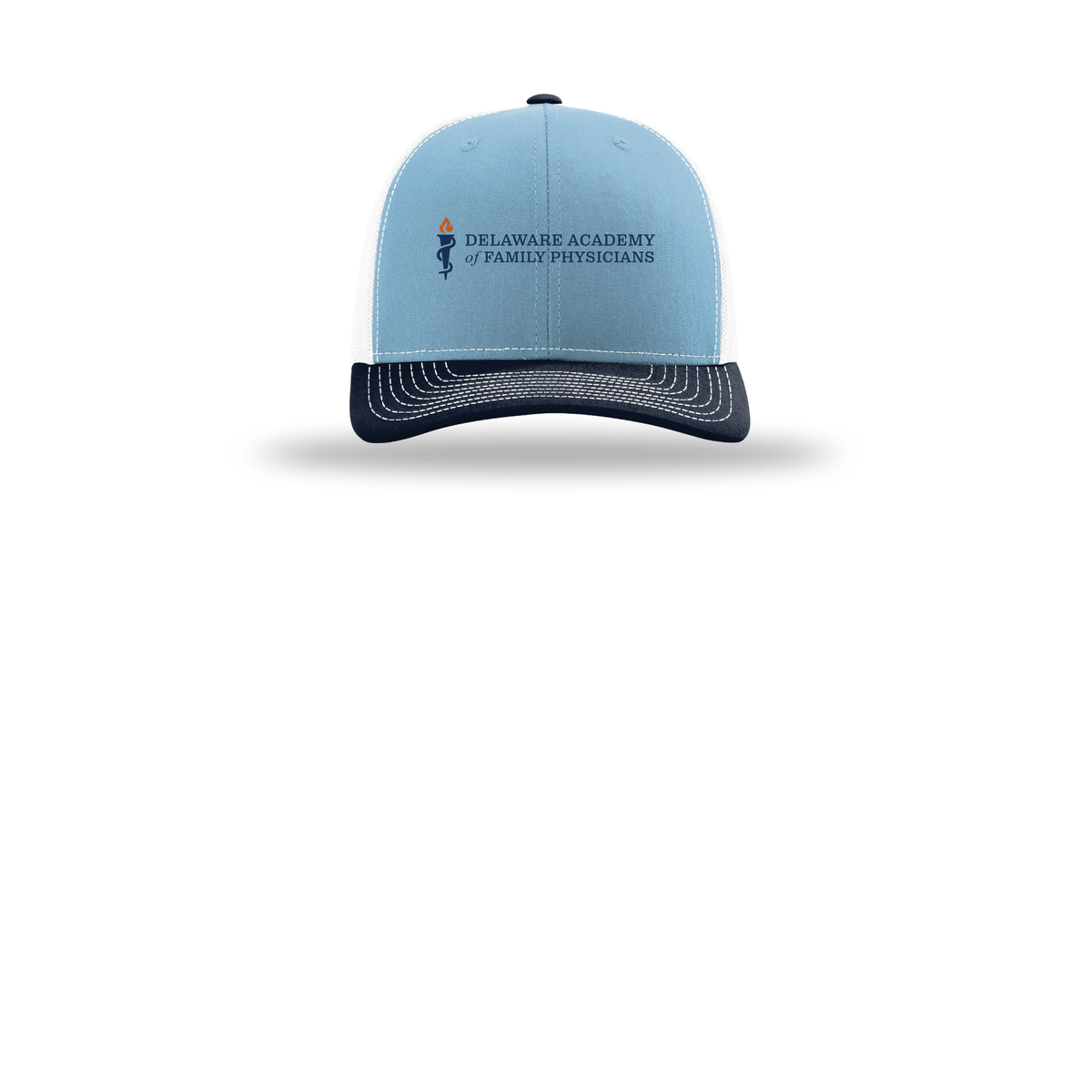 delfamdoc-richardson-trucker-cap-embroidery-capfront-R112-columbiabluewhitenavy-flat-front