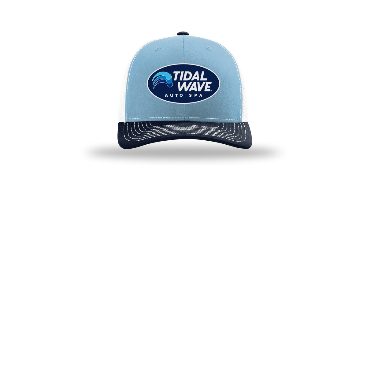 tidalwaveautospa-richardson-trucker-cap-embroidery-capfront-R112-columbiabluewhitenavy-flat-front