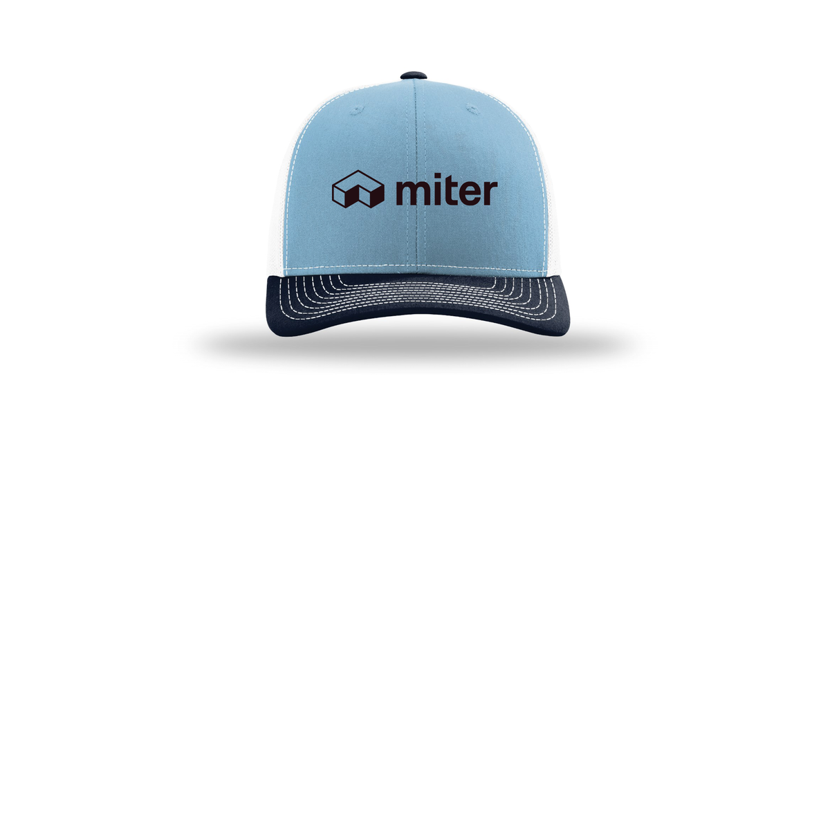 miter-richardson-trucker-cap-embroidery-capfront-R112-columbiabluewhitenavy-flat-front
