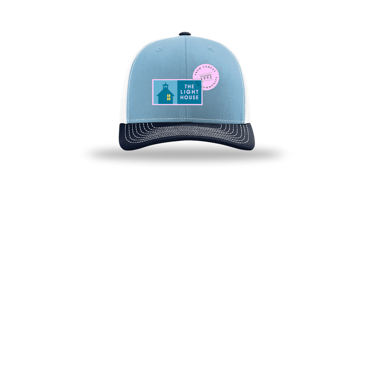 lhcampus-richardson-trucker-cap-embroidery-capfront-R112-columbiabluewhitenavy-flat-front