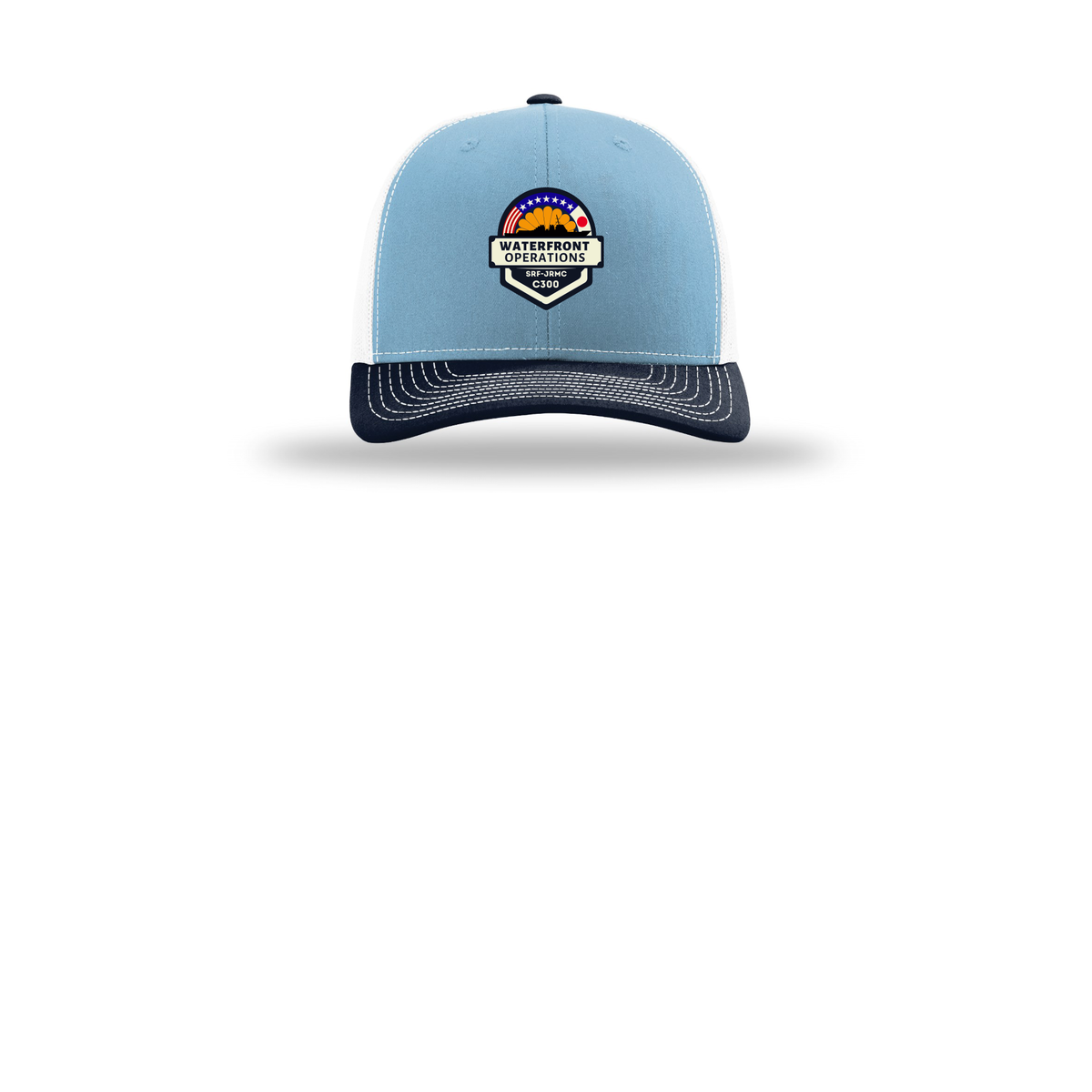 waterfront-operations-retro-trucker-cap-embroidery-capfront-R112-columbiabluewhitenavy-flat-front
