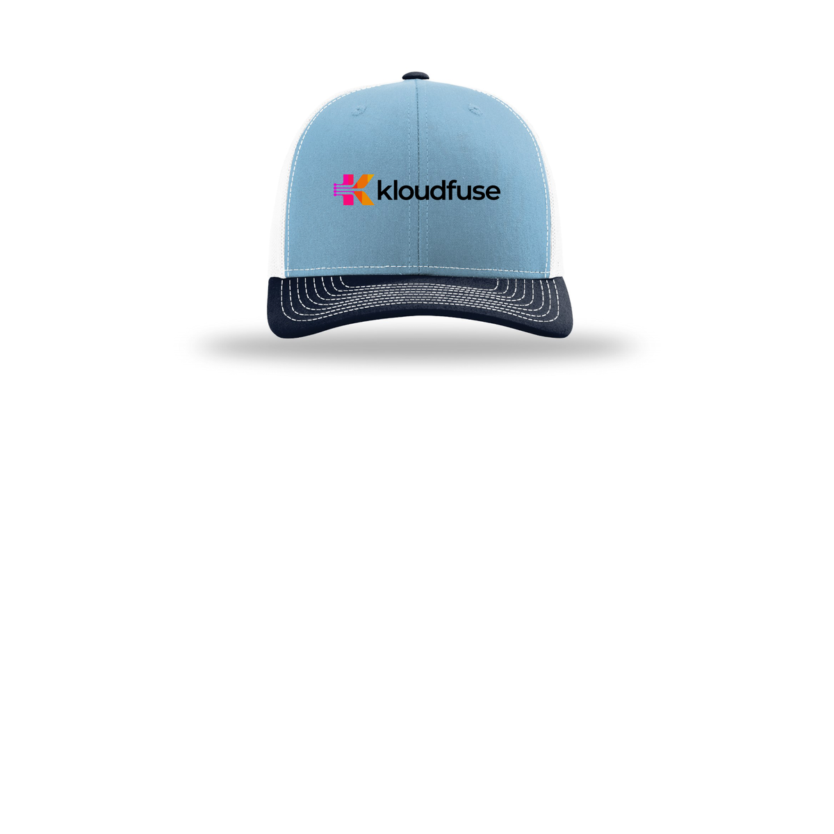 kloudfuse-richardson-trucker-cap-embroidery-capfront-R112-columbiabluewhitenavy-flat-front
