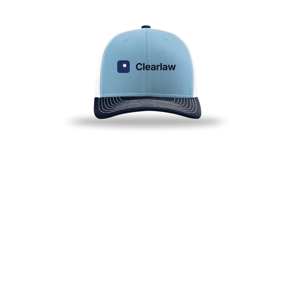 clearlaw-richardson-trucker-cap-embroidery-capfront-R112-columbiabluewhitenavy-flat-front