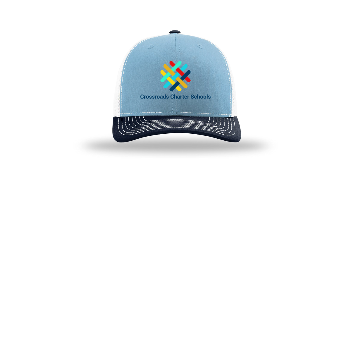 crossroadsschoolskc-richardson-trucker-cap-embroidery-capfront-R112-columbiabluewhitenavy-flat-front