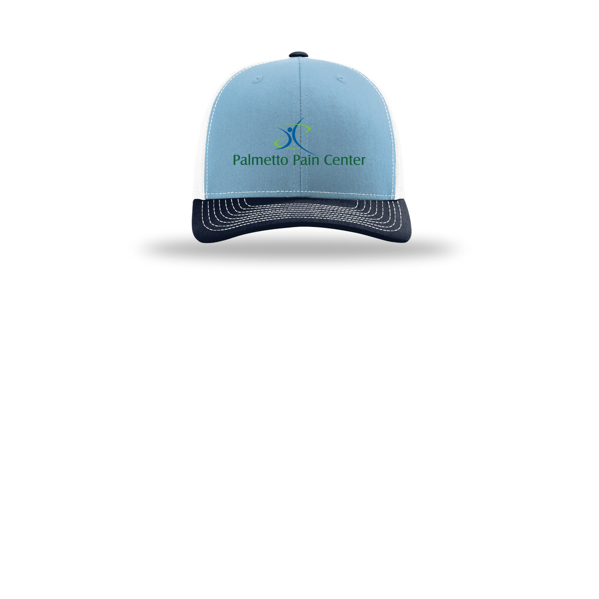 palmetto-pain-center-richardson-trucker-cap-embroidery-capfront-R112-columbiabluewhitenavy-flat-front