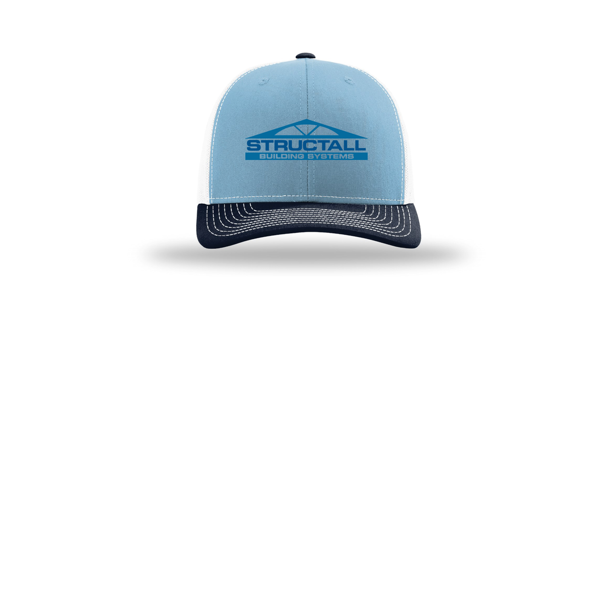 structall-richardson-trucker-cap-embroidery-capfront-R112-columbiabluewhitenavy-flat-front