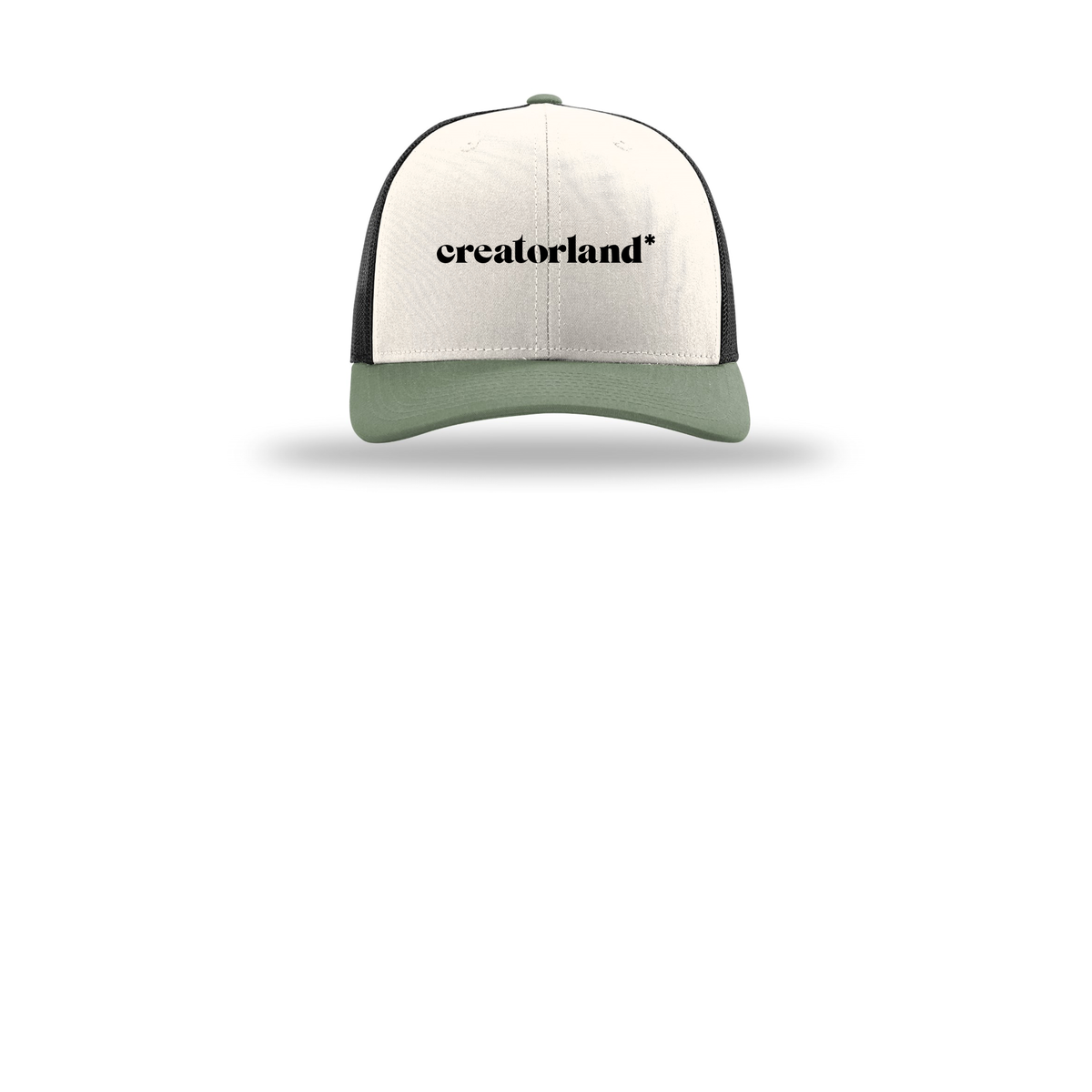 creatorland-richardson-trucker-cap-embroidery-capfront-R112-creamblackloden-flat-front