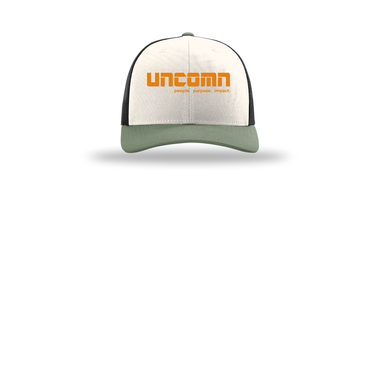 uncomn-richardson-trucker-cap-embroidery-capfront-R112-creamblackloden-flat-front