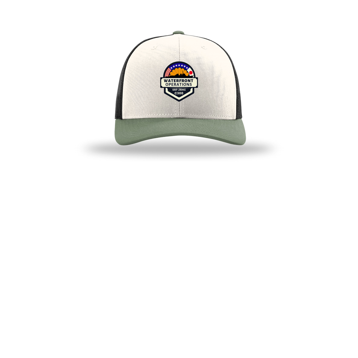 waterfront-operations-retro-trucker-cap-embroidery-capfront-R112-creamblackloden-flat-front