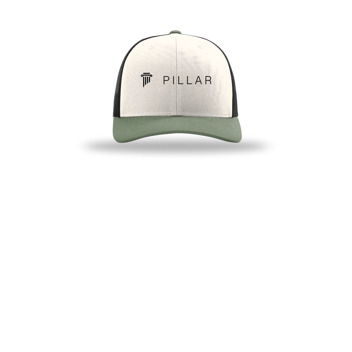 pillar-richardson-trucker-cap-embroidery-capfront-R112-creamblackloden-flat-front