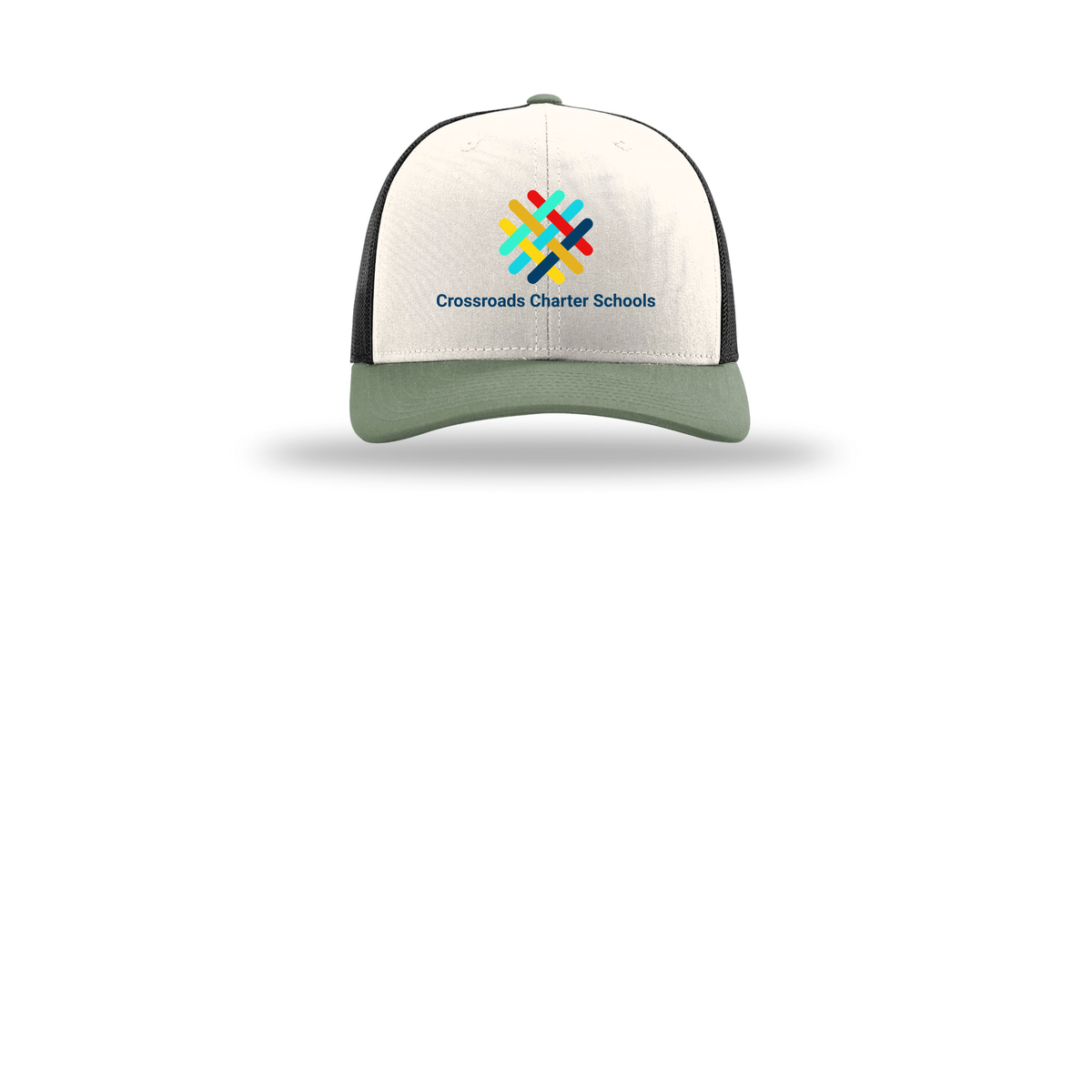 crossroadsschoolskc-richardson-trucker-cap-embroidery-capfront-R112-creamblackloden-flat-front