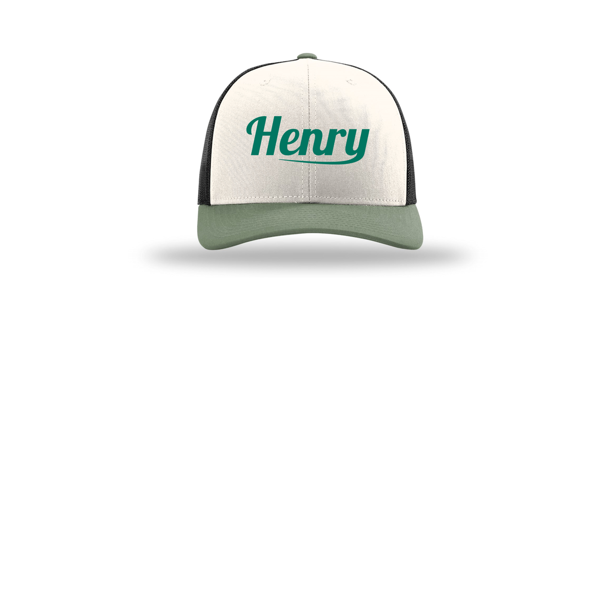 henrymeds-richardson-trucker-cap-embroidery-capfront-R112-creamblackloden-flat-front