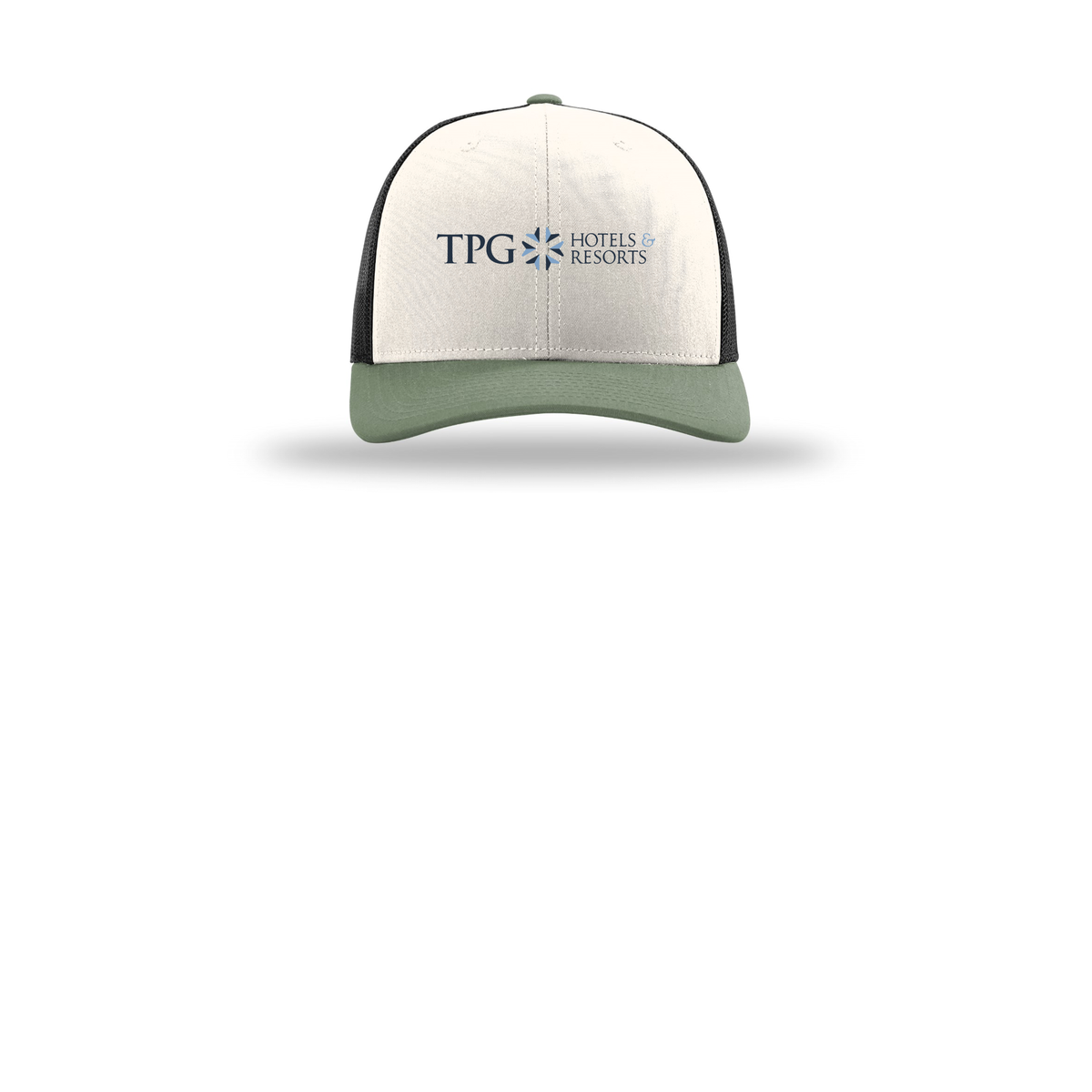 tpghotelsandresorts-richardson-trucker-cap-embroidery-capfront-R112-creamblackloden-flat-front