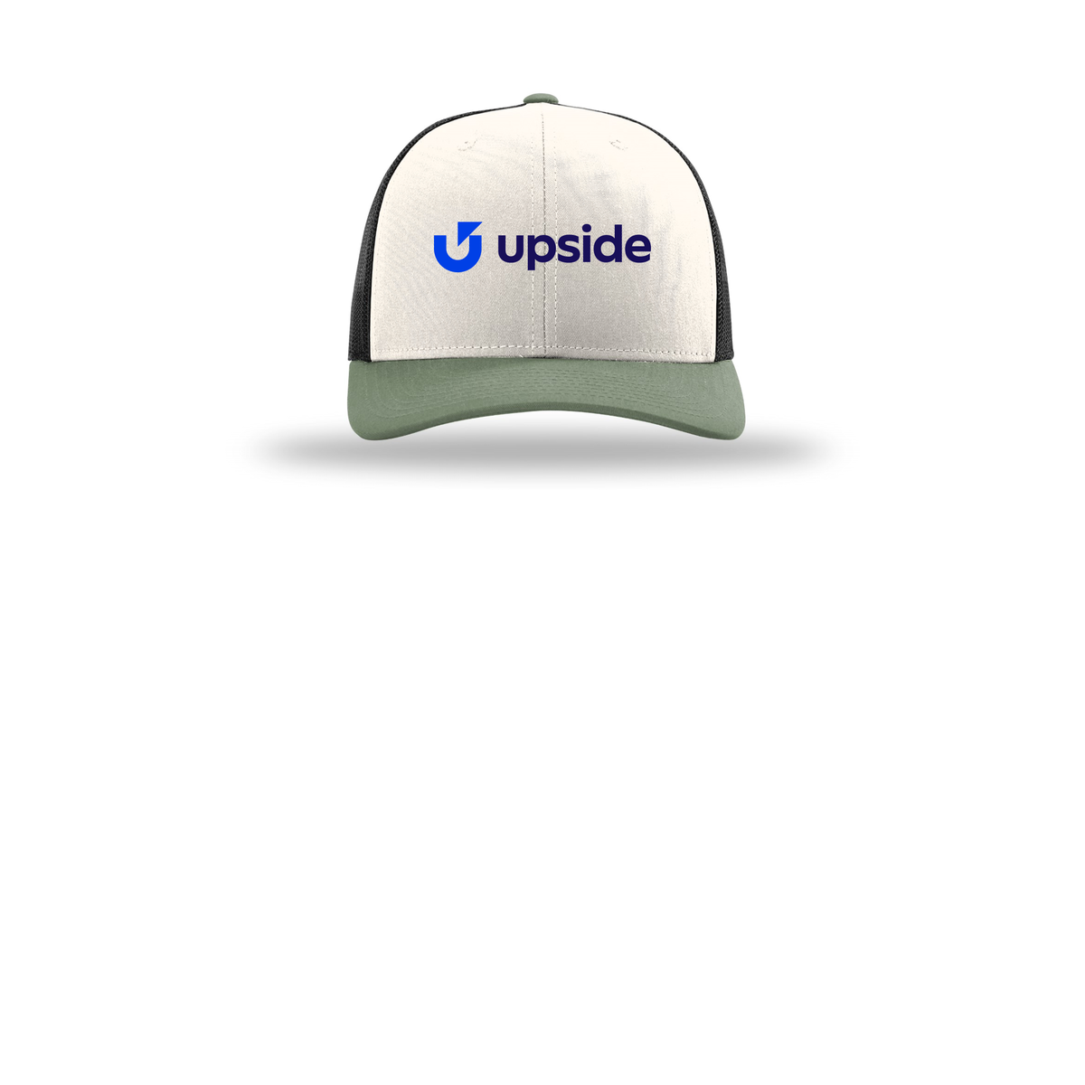 upside-richardson-trucker-cap-embroidery-capfront-R112-creamblackloden-flat-front