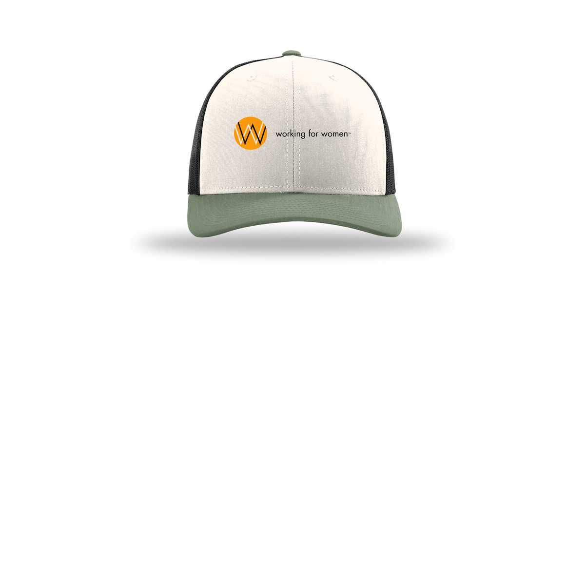 workingforwomen-richardson-trucker-cap-embroidery-capfront-R112-creamblackloden-flat-front