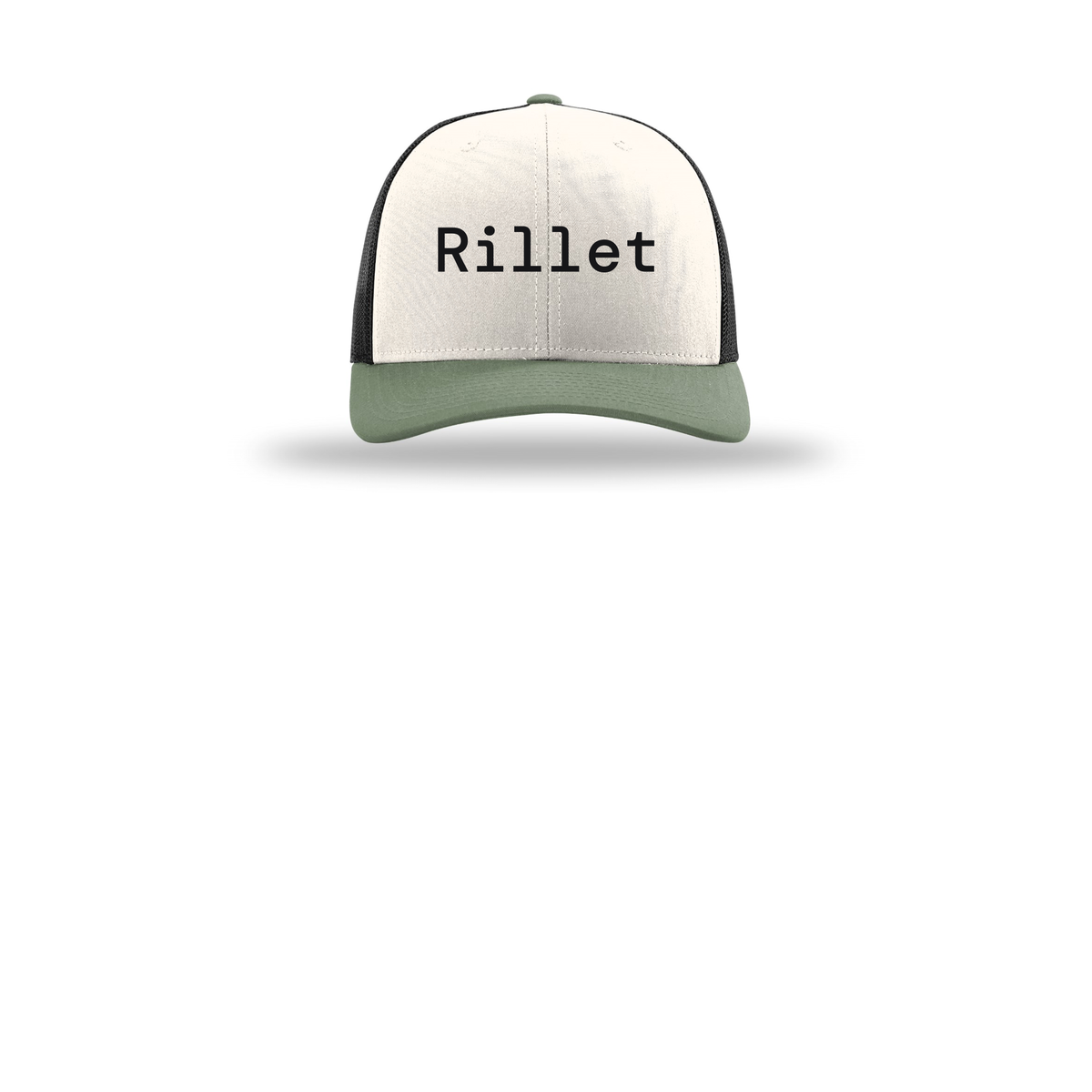 rillet-richardson-trucker-cap-embroidery-capfront-R112-creamblackloden-flat-front