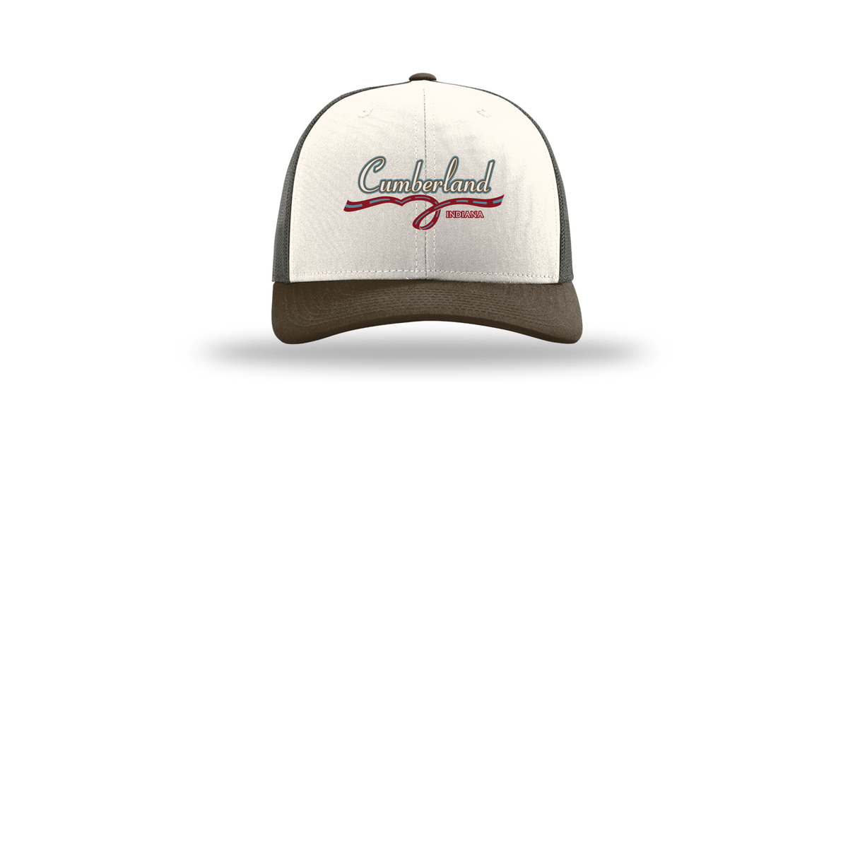 cumberland-richardson-trucker-cap-embroidery-capfront-R112-creamgreybrownbrown-flat-front