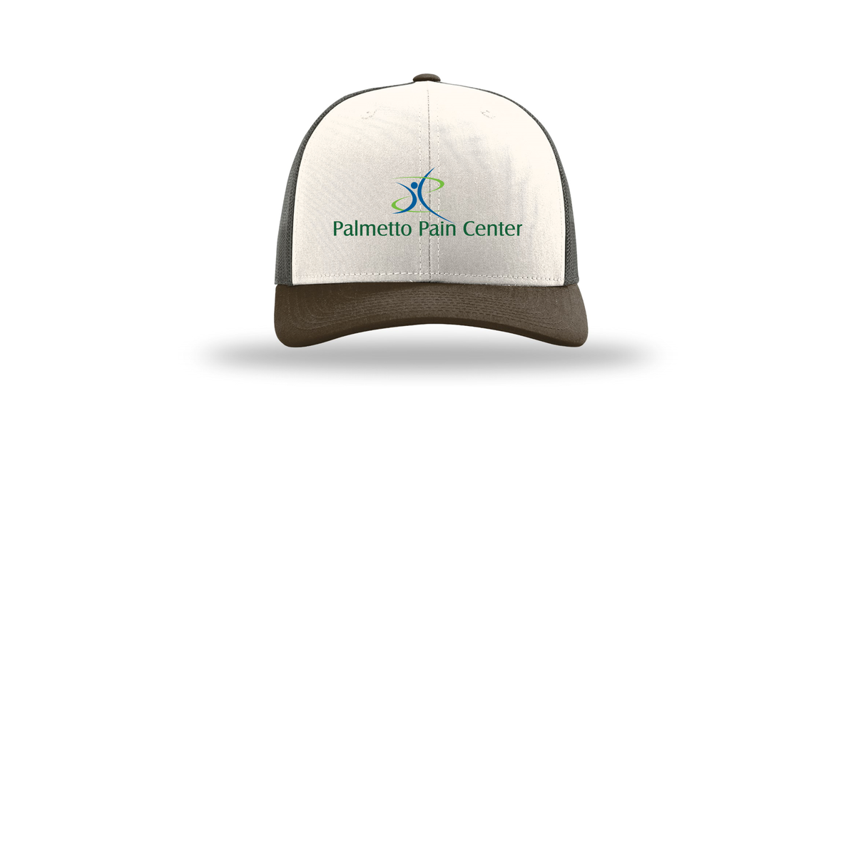 palmetto-pain-center-richardson-trucker-cap-embroidery-capfront-R112-creamgreybrownbrown-flat-front