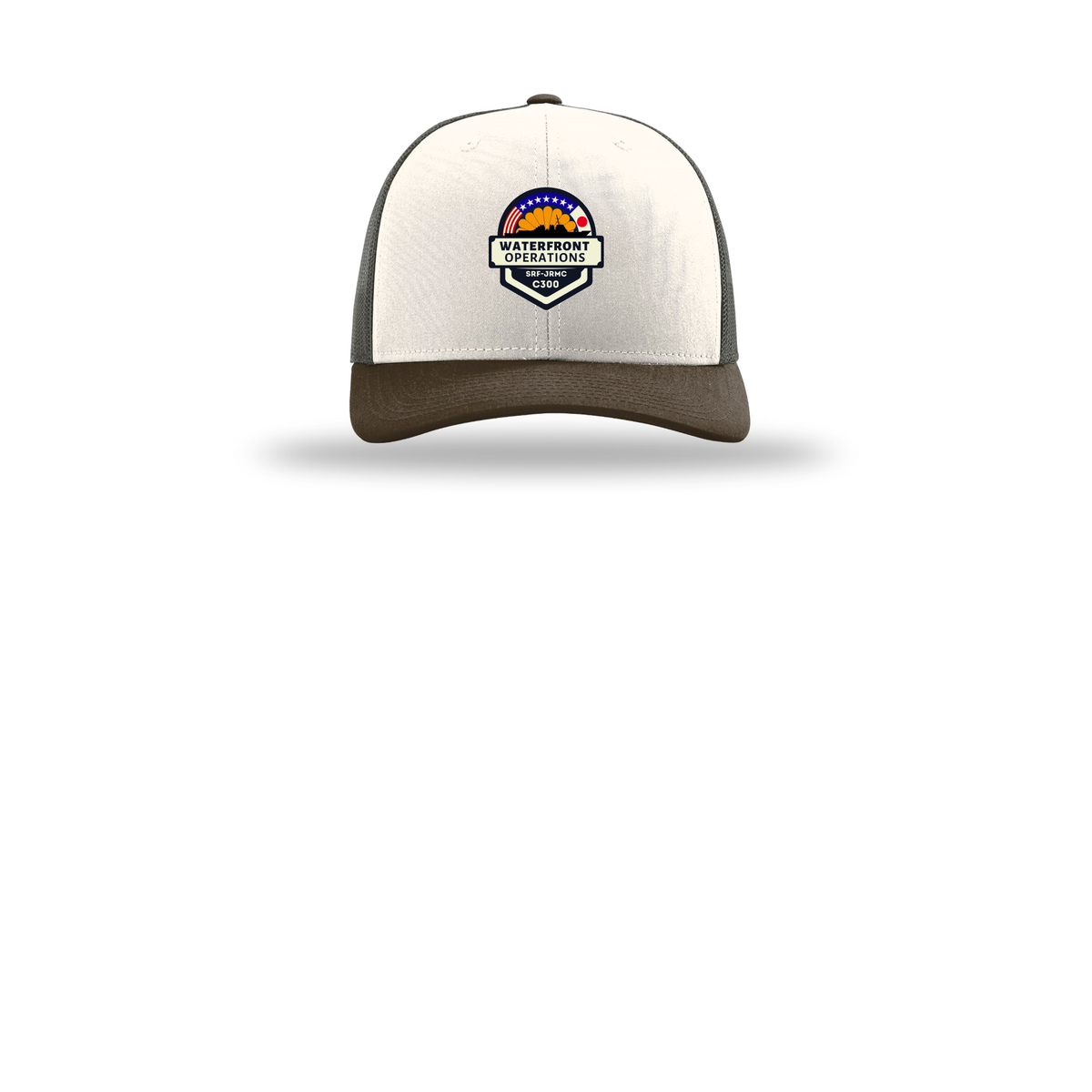 waterfront-operations-retro-trucker-cap-embroidery-capfront-R112-creamgreybrownbrown-flat-front