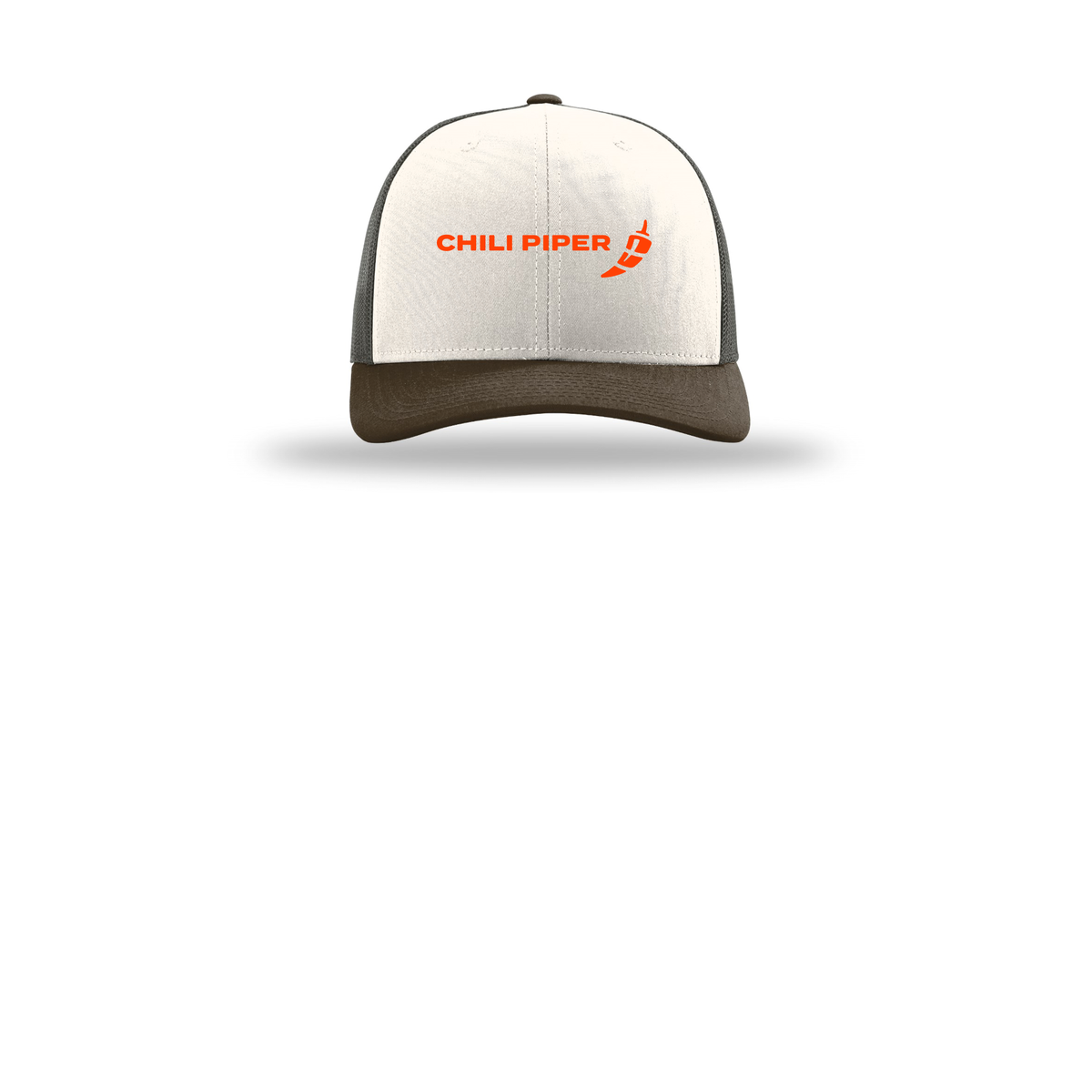 chilipiper-richardson-trucker-cap-embroidery-capfront-R112-creamgreybrownbrown-flat-front