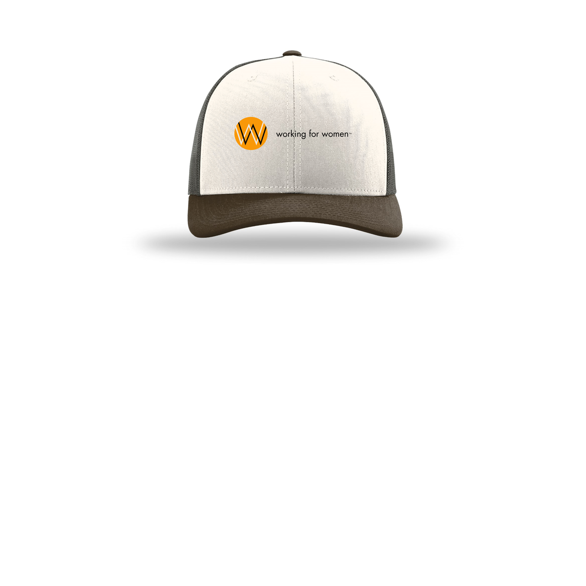 workingforwomen-richardson-trucker-cap-embroidery-capfront-R112-creamgreybrownbrown-flat-front