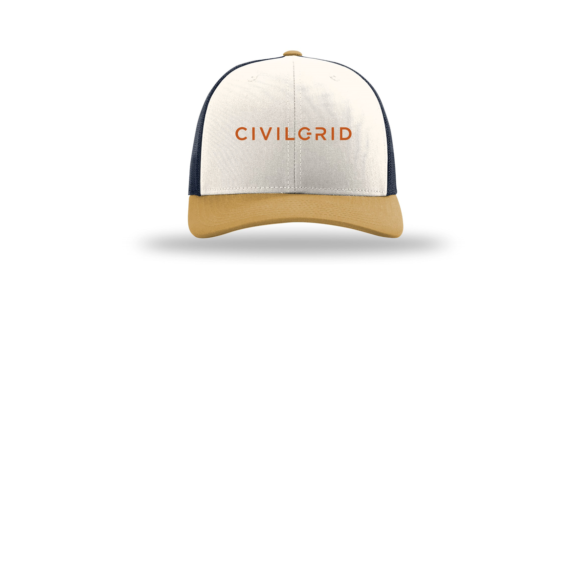 civilgrid-richardson-trucker-cap-embroidery-capfront-R112-creamnavyambergold-flat-front