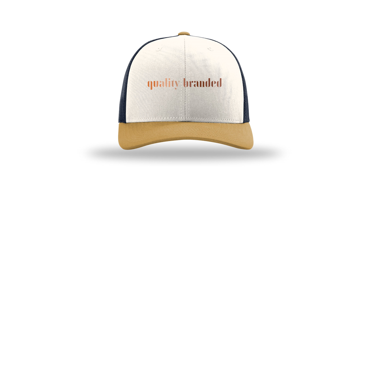 qualitybranded-richardson-trucker-cap-embroidery-capfront-R112-creamnavyambergold-flat-front