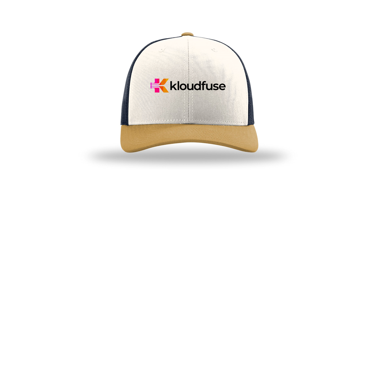 kloudfuse-richardson-trucker-cap-embroidery-capfront-R112-creamnavyambergold-flat-front