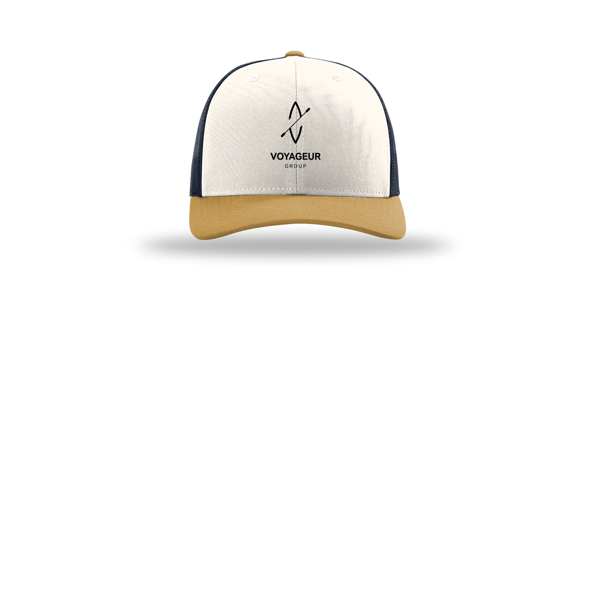 voyageurgroup-richardson-trucker-cap-embroidery-capfront-R112-creamnavyambergold-flat-front