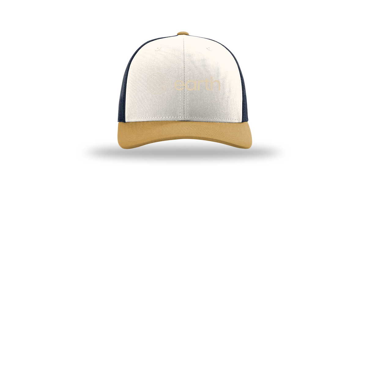 earthfuneral-richardson-trucker-cap-embroidery-capfront-R112-creamnavyambergold-flat-front