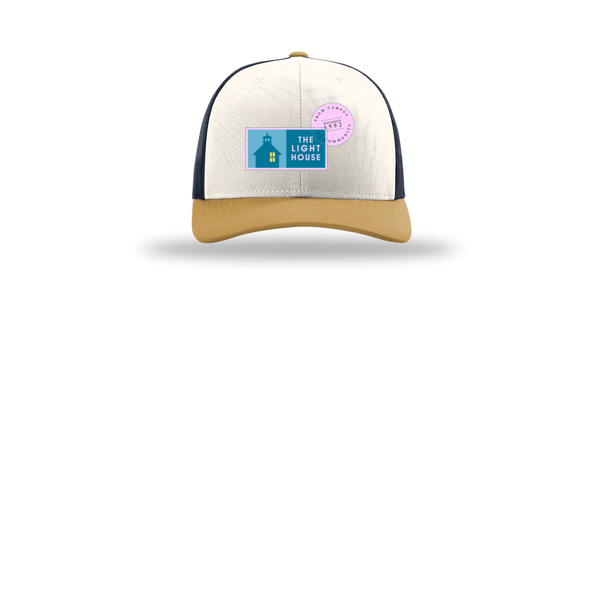 lhcampus-richardson-trucker-cap-embroidery-capfront-R112-creamnavyambergold-flat-front