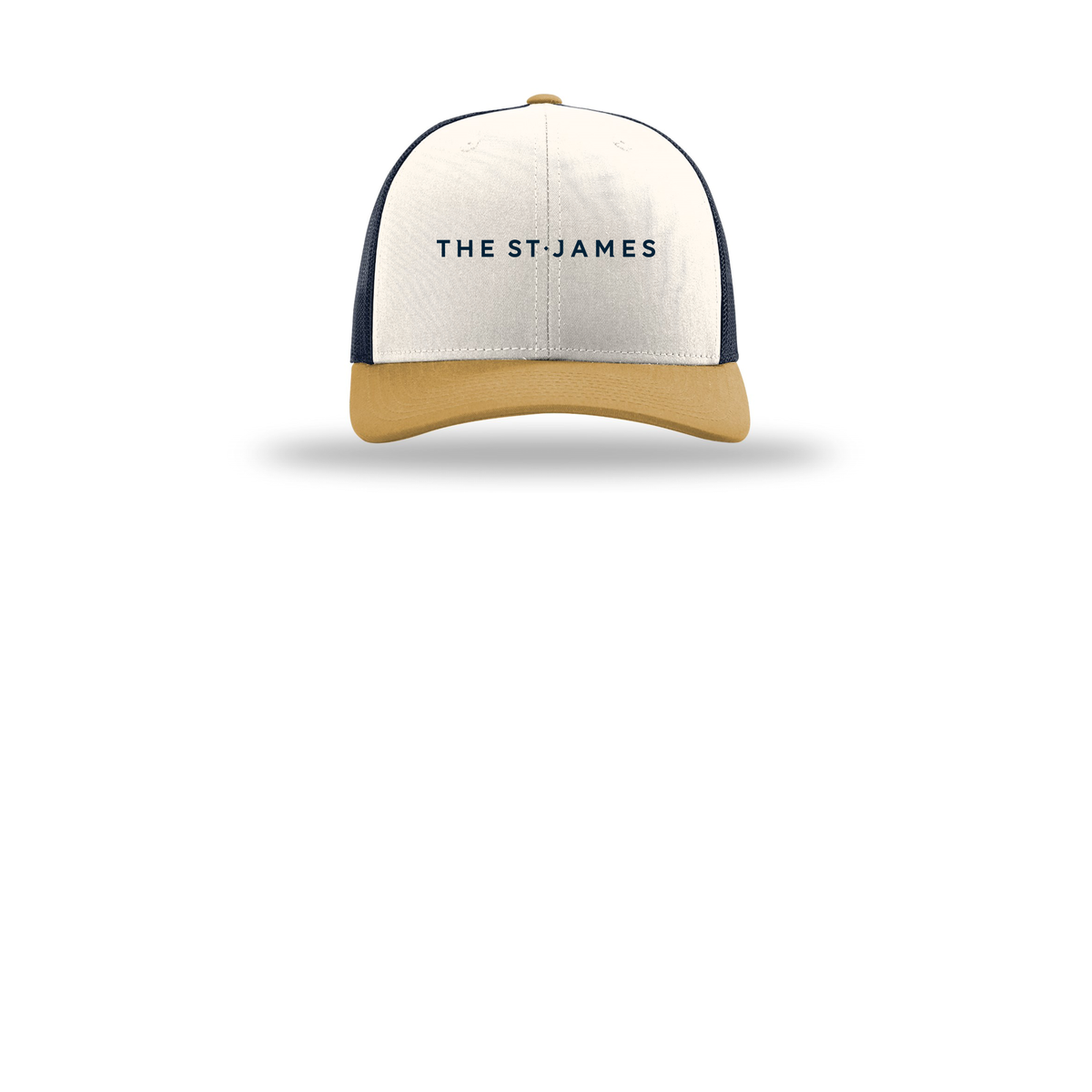 thestjames-richardson-trucker-cap-embroidery-capfront-R112-creamnavyambergold-flat-front