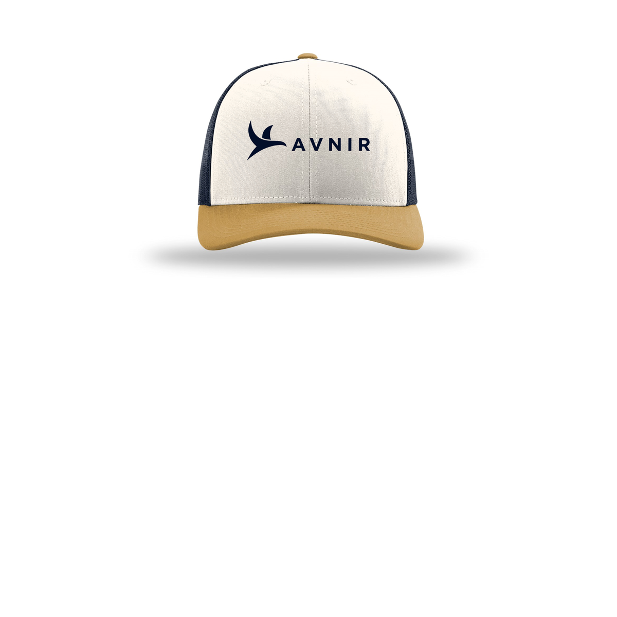 avnir-richardson-trucker-cap-embroidery-capfront-R112-creamnavyambergold-flat-front