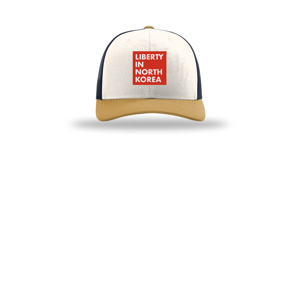 libertyinnorthkorea-richardson-trucker-cap-embroidery-capfront-R112-creamnavyambergold-flat-front