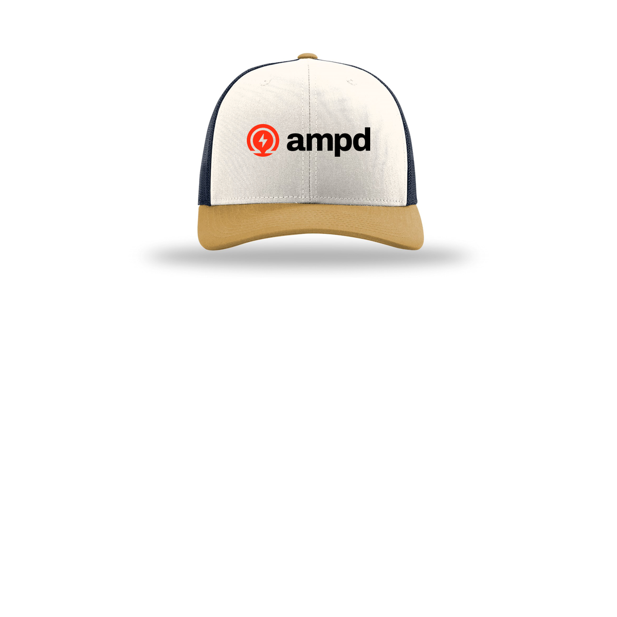 ampd-richardson-trucker-cap-embroidery-capfront-R112-creamnavyambergold-flat-front