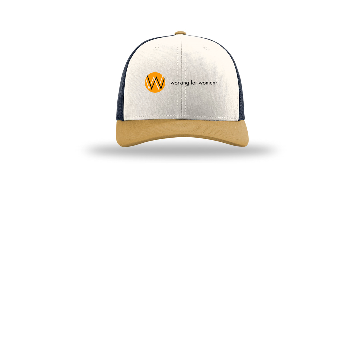 workingforwomen-richardson-trucker-cap-embroidery-capfront-R112-creamnavyambergold-flat-front