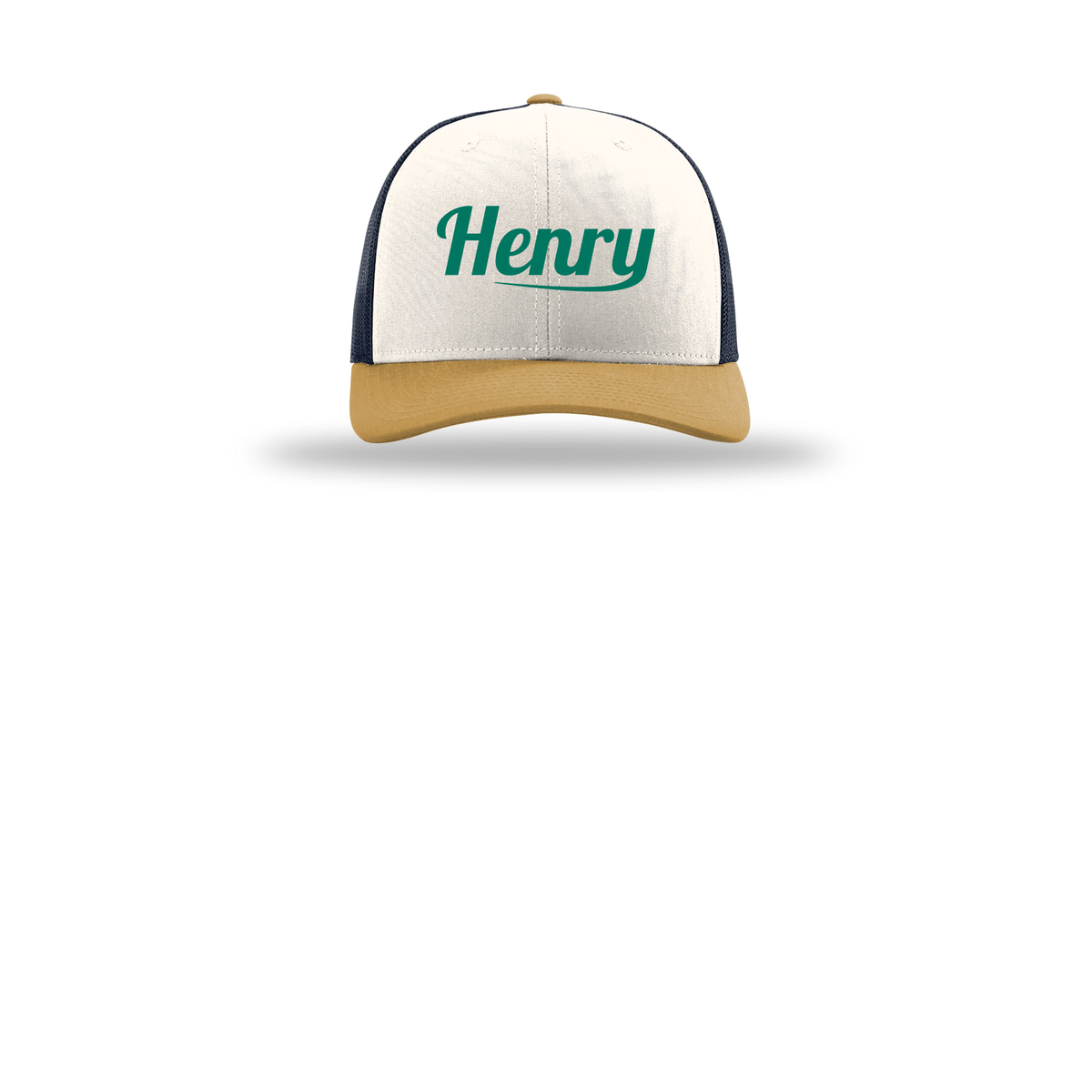 henrymeds-richardson-trucker-cap-embroidery-capfront-R112-creamnavyambergold-flat-front
