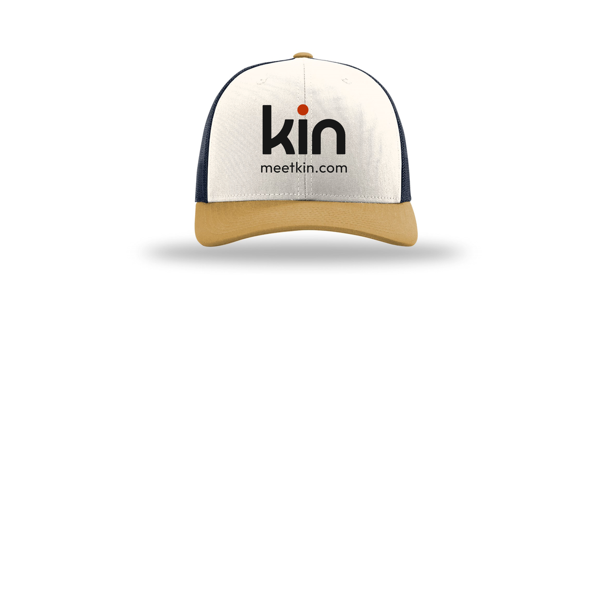 kin-richardson-trucker-cap-embroidery-capfront-R112-creamnavyambergold-flat-front