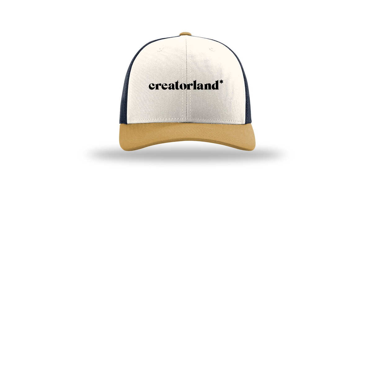 creatorland-richardson-trucker-cap-embroidery-capfront-R112-creamnavyambergold-flat-front