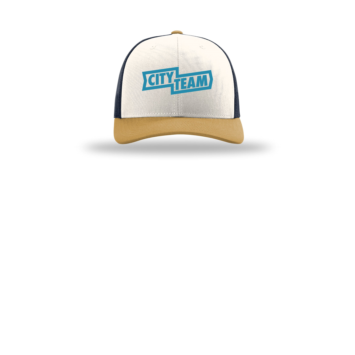 cityteam-richardson-trucker-cap-embroidery-capfront-R112-creamnavyambergold-flat-front