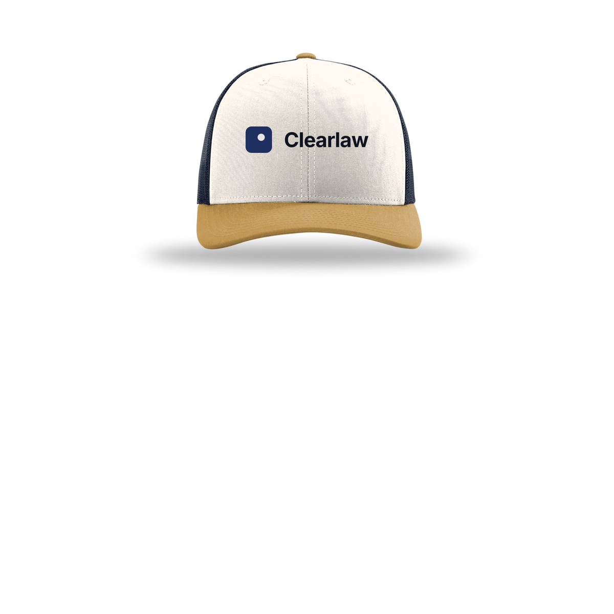 clearlaw-richardson-trucker-cap-embroidery-capfront-R112-creamnavyambergold-flat-front
