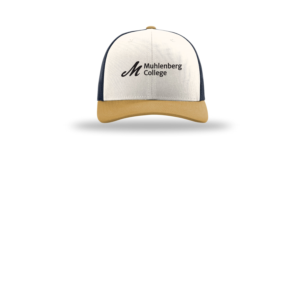muhlenberg-richardson-trucker-cap-embroidery-capfront-R112-creamnavyambergold-flat-front