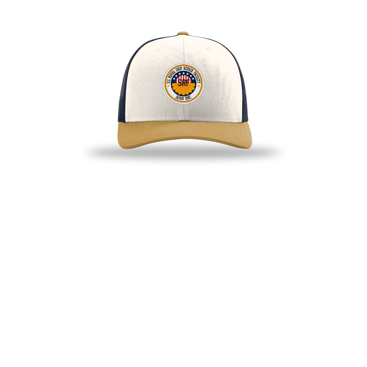 srf-jrmc-richardson-trucker-cap-embroidery-capfront-R112-creamnavyambergold-flat-front