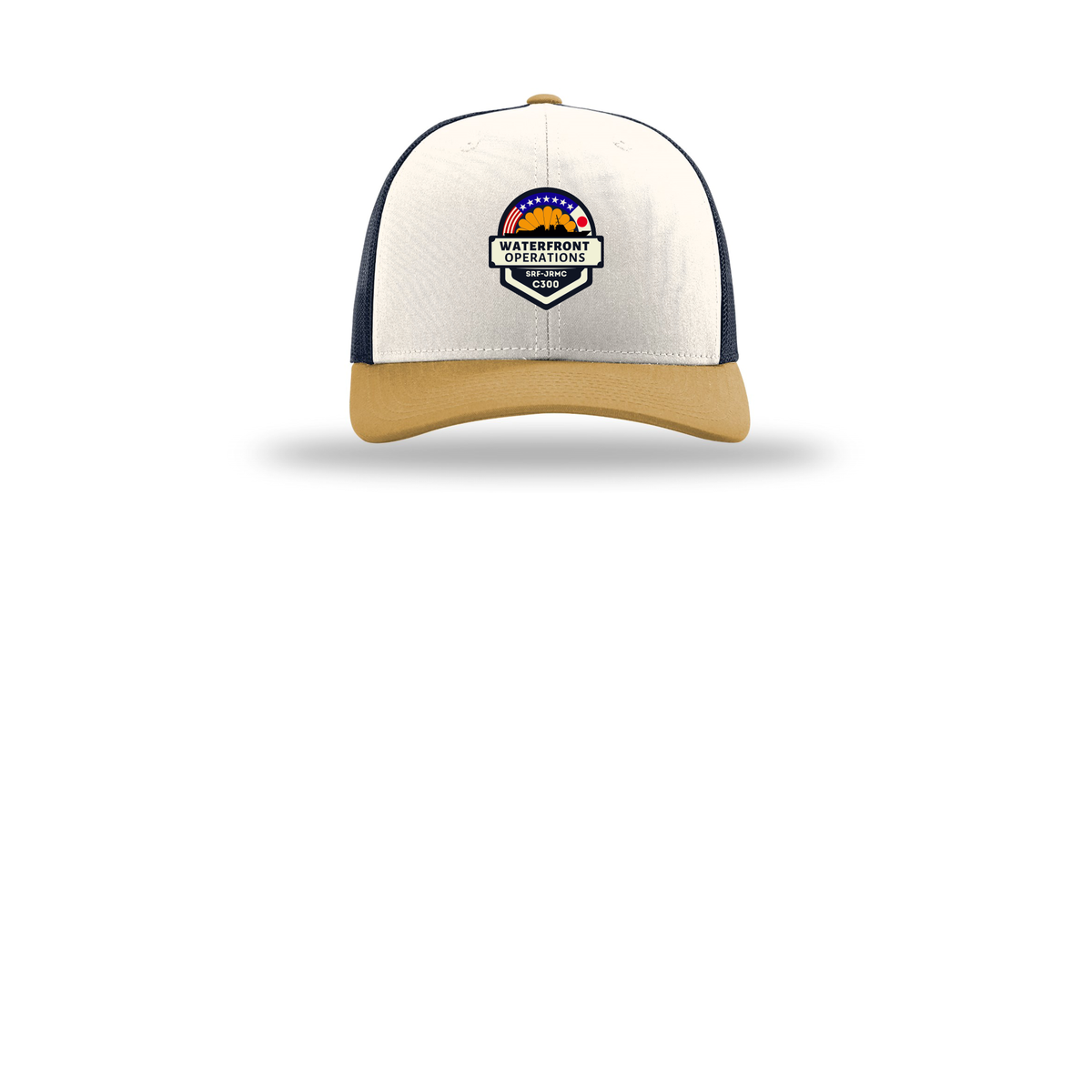 waterfront-operations-retro-trucker-cap-embroidery-capfront-R112-creamnavyambergold-flat-front