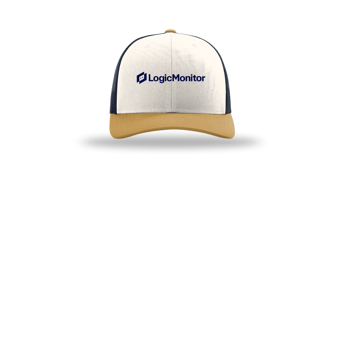 logicmonitor-richardson-trucker-cap-embroidery-capfront-R112-creamnavyambergold-flat-front