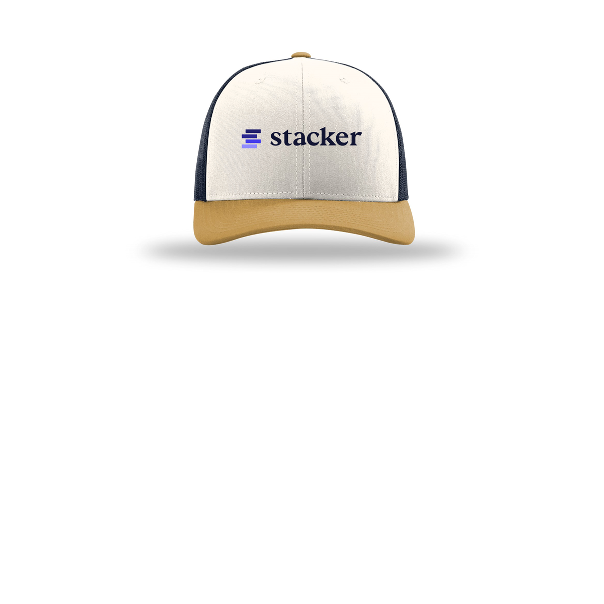 stacker-richardson-trucker-cap-embroidery-capfront-R112-creamnavyambergold-flat-front