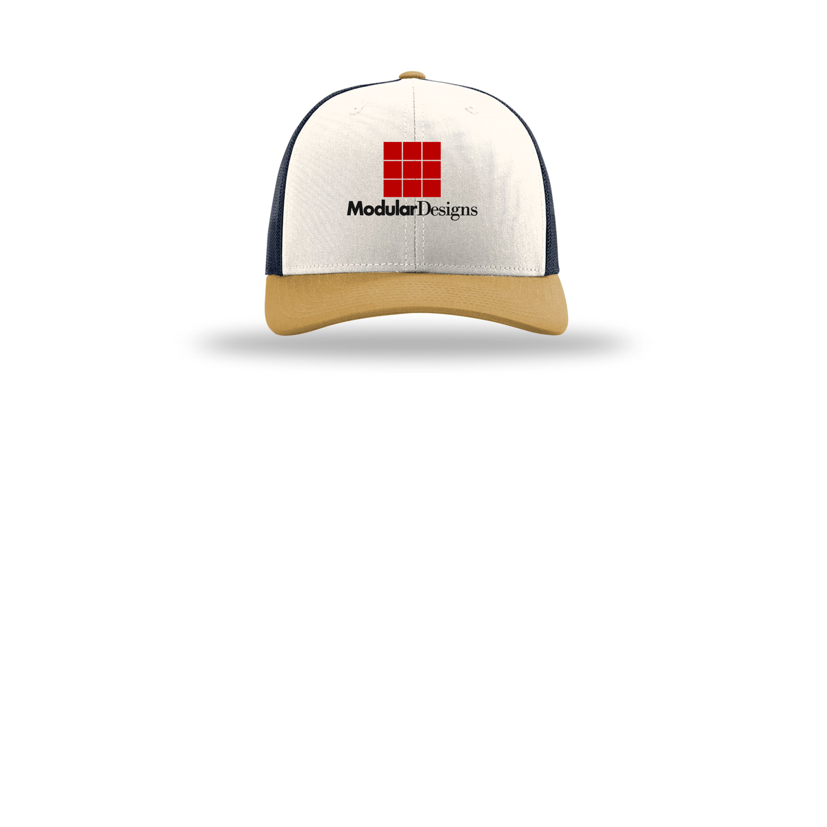 modulardesignsflooring-richardson-trucker-cap-embroidery-capfront-R112-creamnavyambergold-flat-front