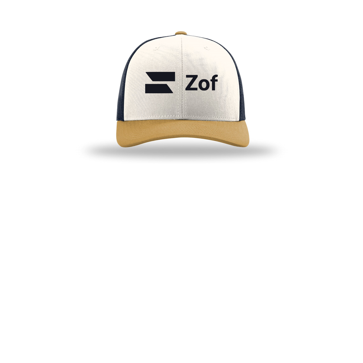 zof-richardson-trucker-cap-embroidery-capfront-R112-creamnavyambergold-flat-front